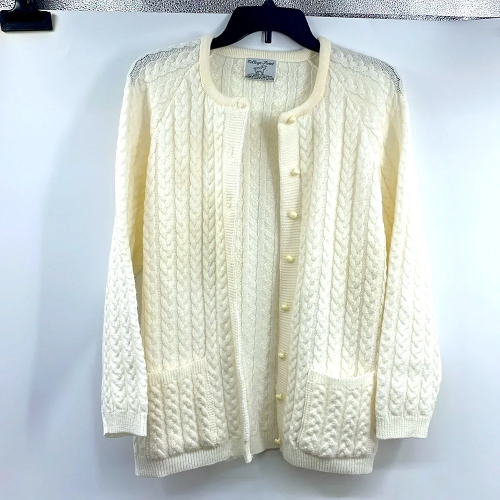Vintage College Point Cream Cable Knit Cardigan Made in USA Measurements